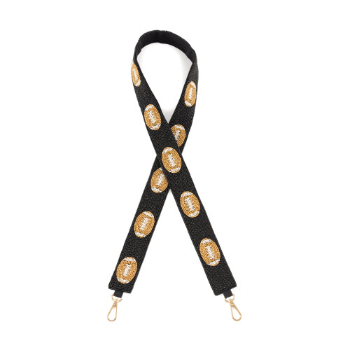 Glass beaded bag strap featuring cotton detailing and gold hardware accents.