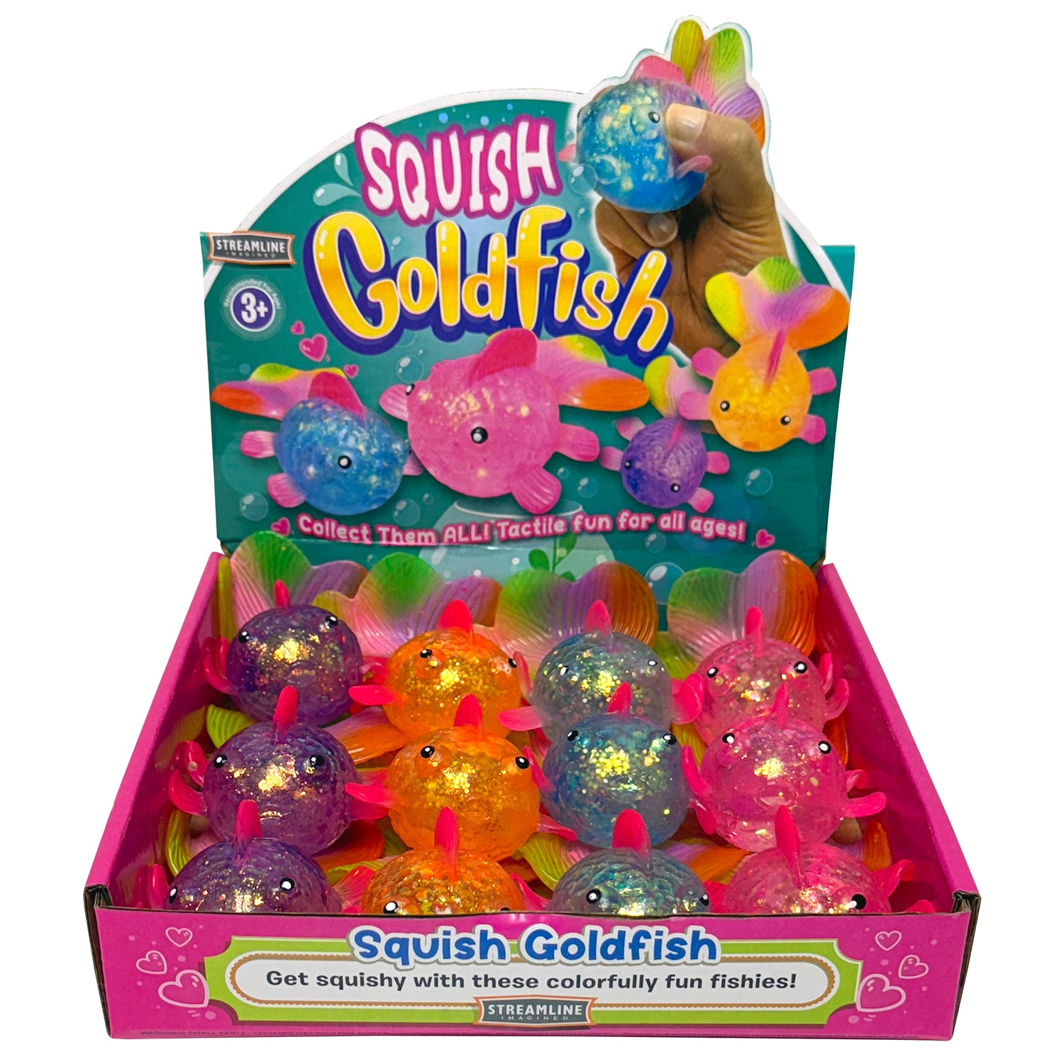 Squishy goldfish toy made of pectin with a translucent yellow color and rounded silhouette.