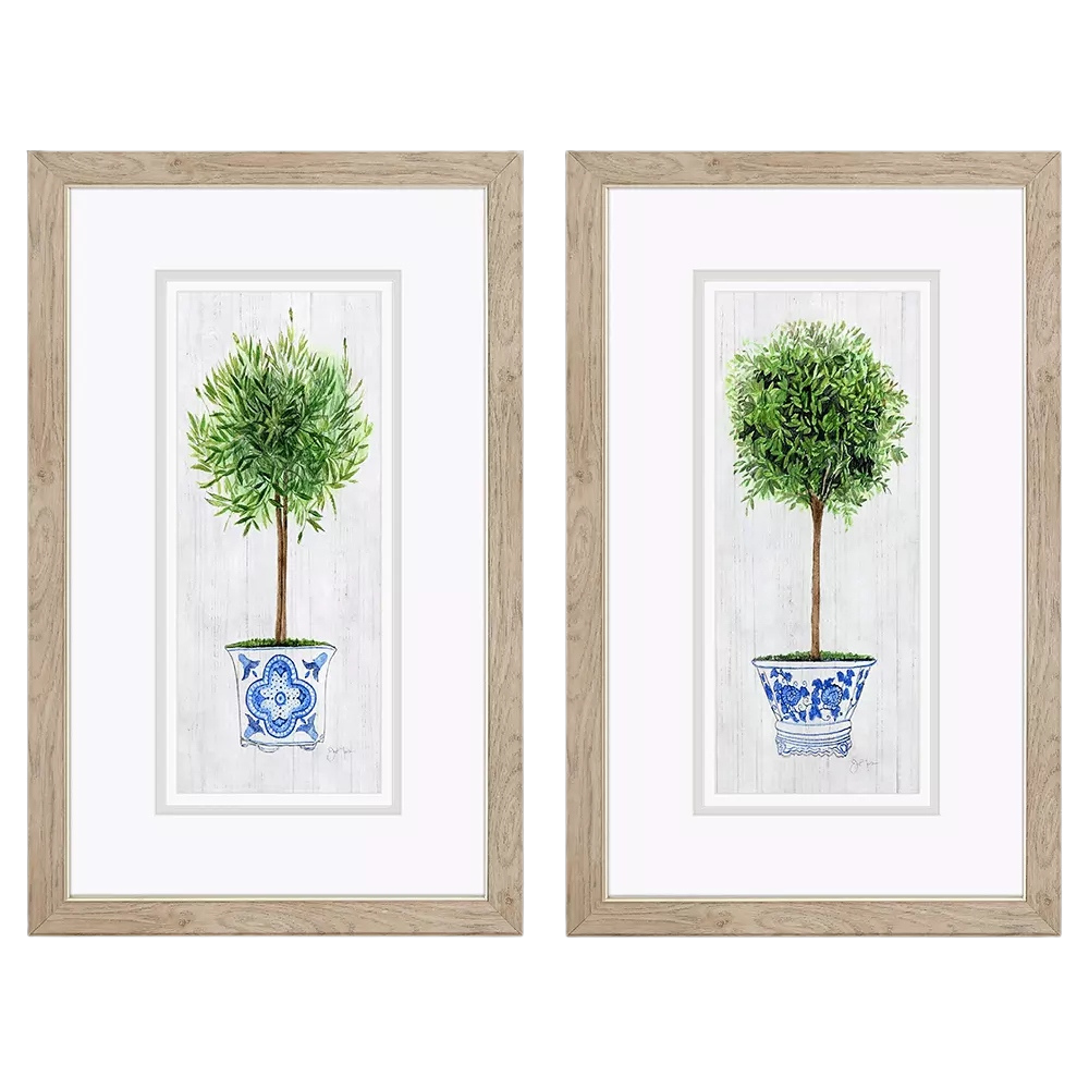 Two framed watercolor prints of potted rosemary and thyme plants with blue and white patterned pots on a white wood background.