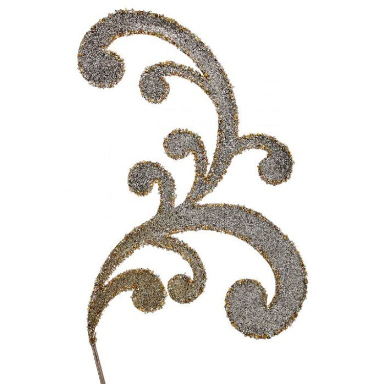 Silver glitter-coated metal acanthus leaf decorative stem with a swirling, ornate silhouette.