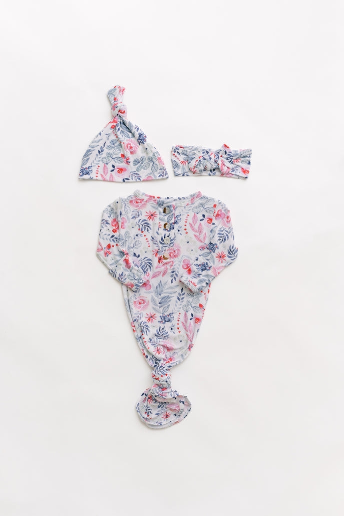 Newborn knotted baby gown headband set in soft modal fabric with henley neck and mittens.