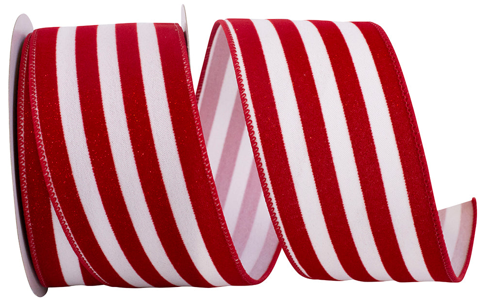 Striped Grande Velvet Sparkle Wired Edge Ribbon - Red/White