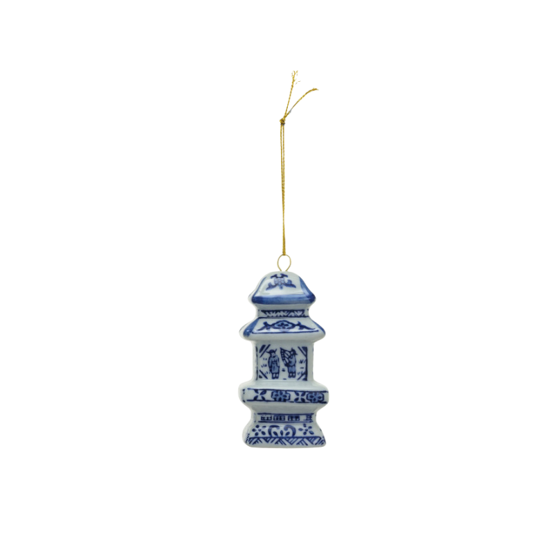Blue and white stoneware ginger jar ornament with traditional patterns and a gold hanging string.