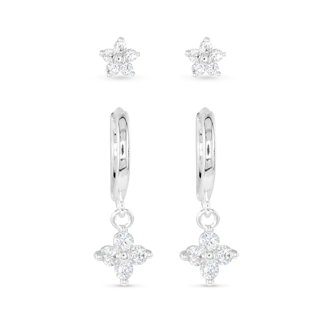 Silver CZ Duo Earrings set featuring flower-shaped studs and matching drop hoop earrings.