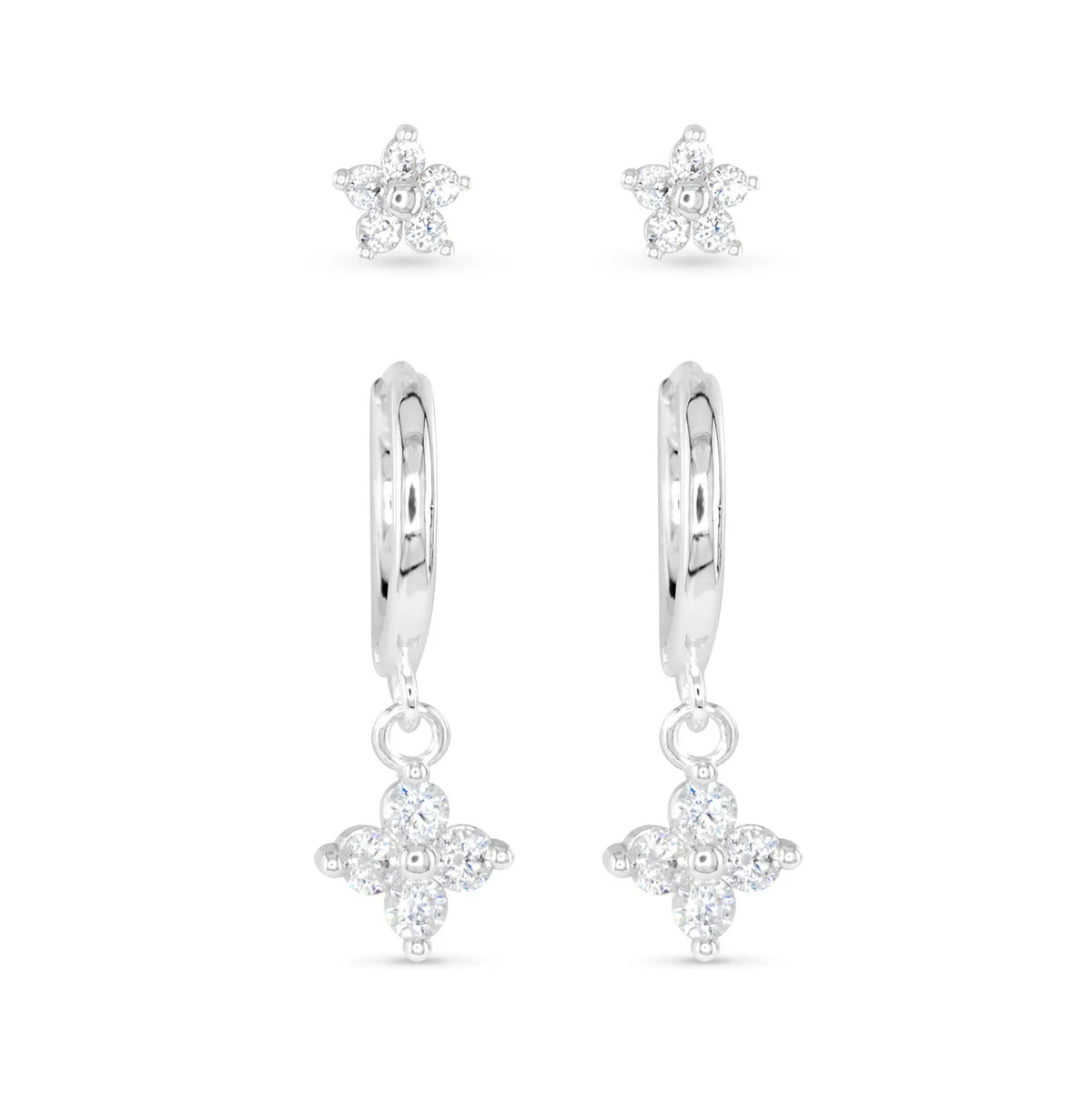 Silver CZ Duo Earrings set featuring flower-shaped studs and matching drop hoop earrings.