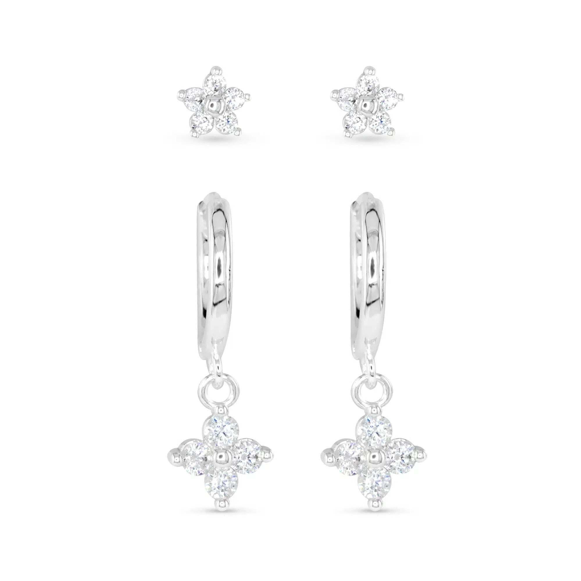 Silver CZ Duo Earrings set featuring flower-shaped studs and matching drop hoop earrings.