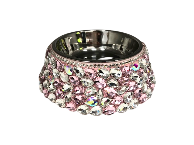 Pink pet bowl embellished with sparkling teardrop rhinestones and a removable stainless steel dish.
