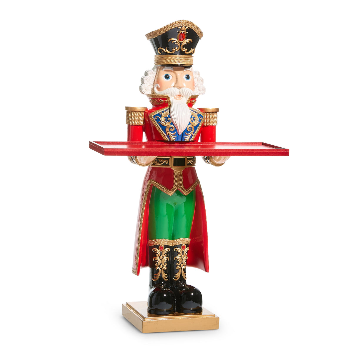 23.75 inch multicolor nutcracker butler figurine holding a red serving tray.