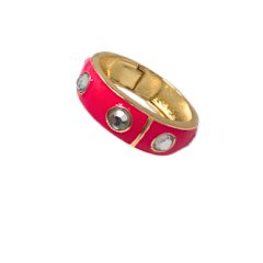 Gold plated hinged bangle bracelet with crystal accents and enamel detailing.