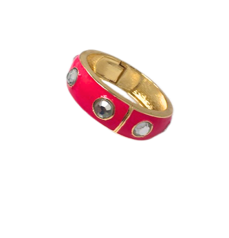 Gold plated hinged bangle bracelet with pink enamel and inset round crystals.
