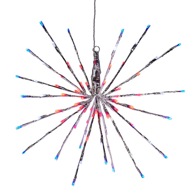 An 18-inch silver starburst wall light with red, white, and blue LED bulbs.