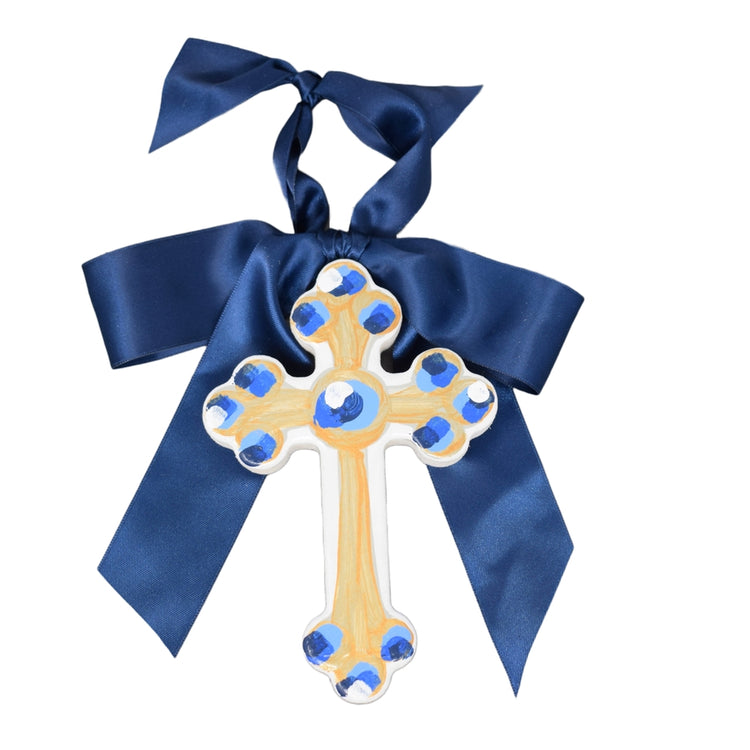 6-inch Hallelujah cross made of gold-painted MDF with a satin bow.