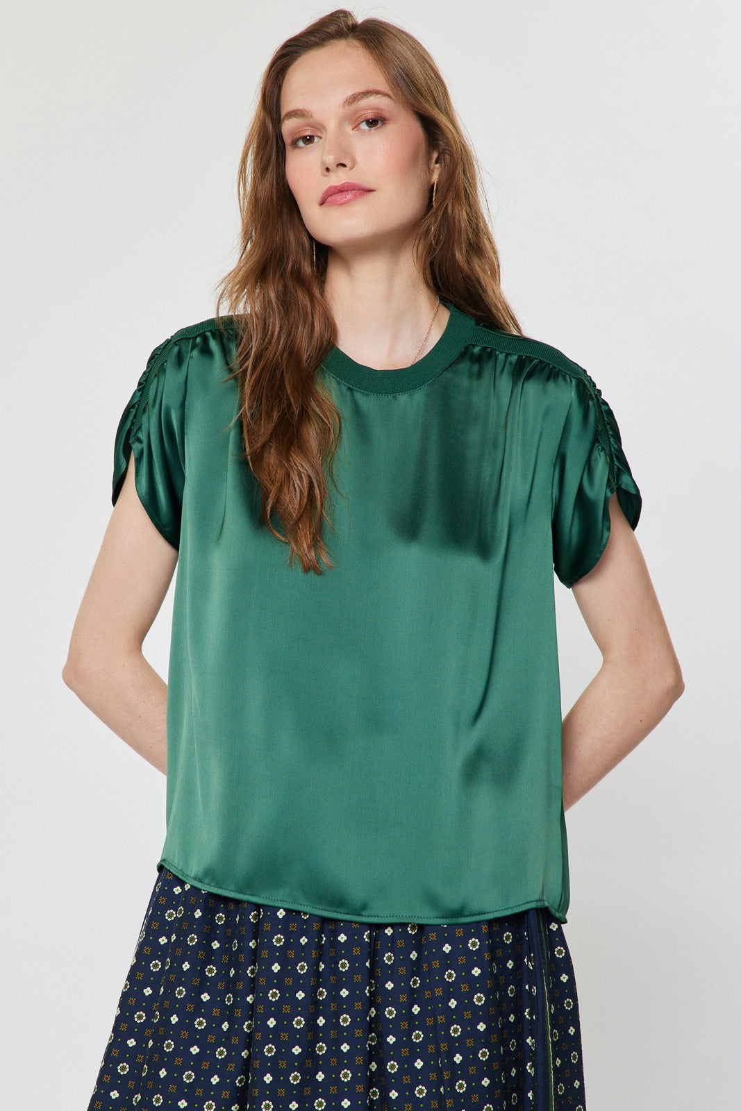 Mina round neck short sleeve cropped blouse in polyester satin with gathered shoulders