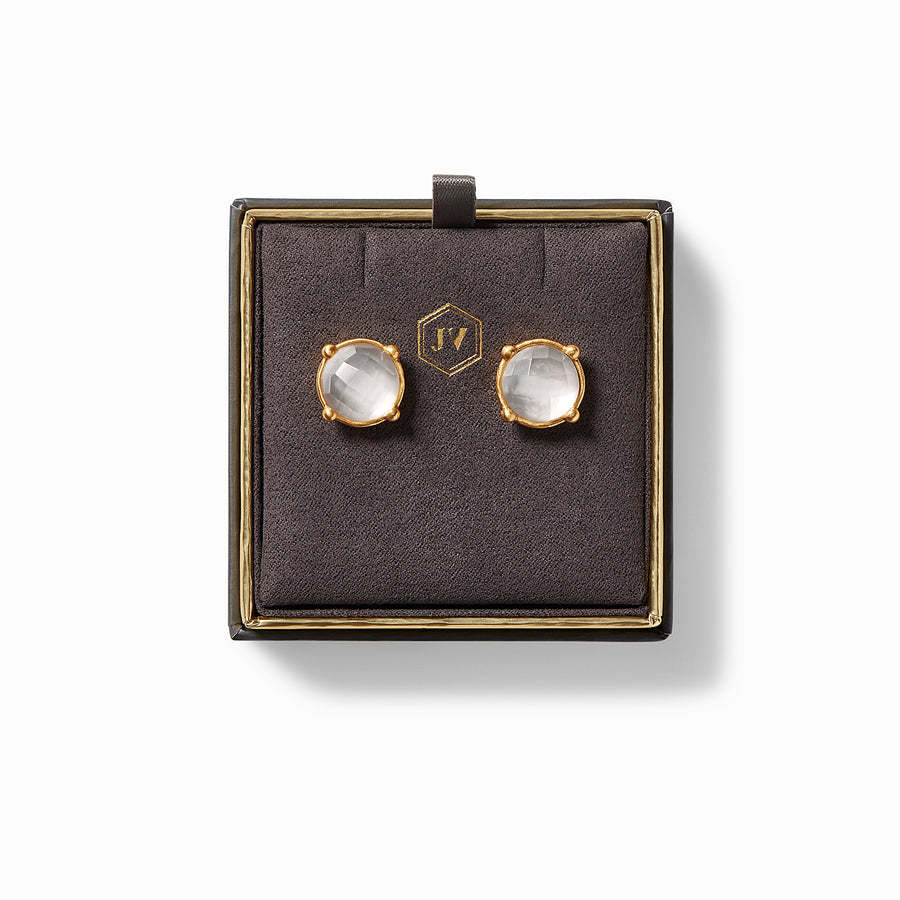 Honey Stud Gold earrings featuring round faceted glass and mother of pearl in a 24K gold plate setting