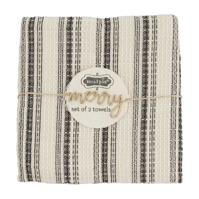 Black cotton waffle weave dishtowel with a white stripe pattern