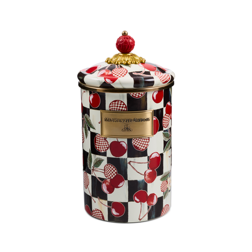 Mon Cheri Large Canister with black and white checks, red cherry patterns, and a gold-tone lid knob.
