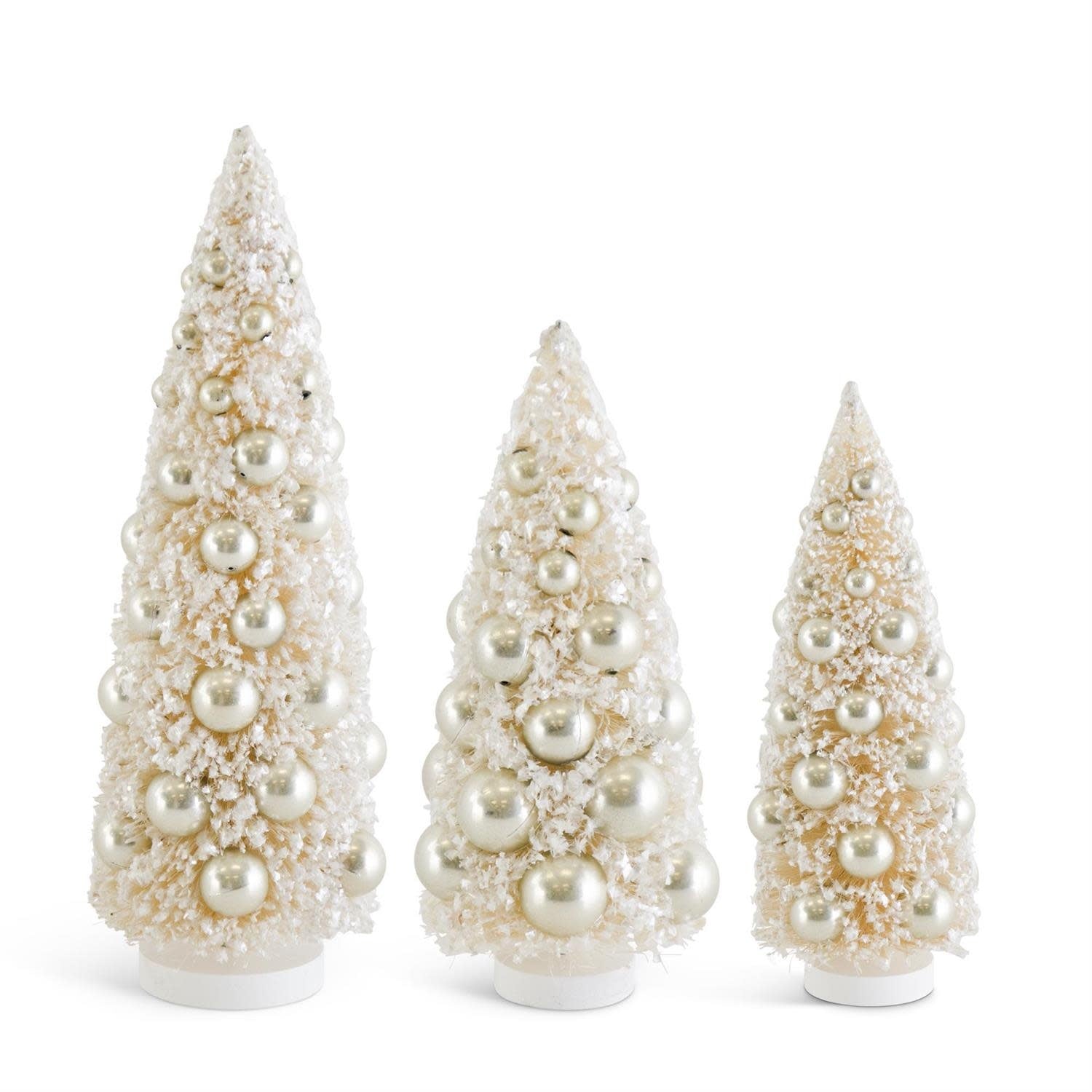 Cream sisal brush tree with champagne-colored ornaments on a wooden stand.