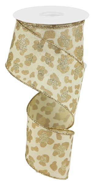 2.5-inch wide cream ribbon with a gold glitter leopard print pattern and metallic gold edges.