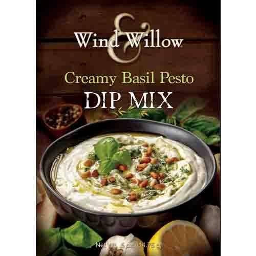 Bag of creamy basil pesto dip mix with visible herbs
