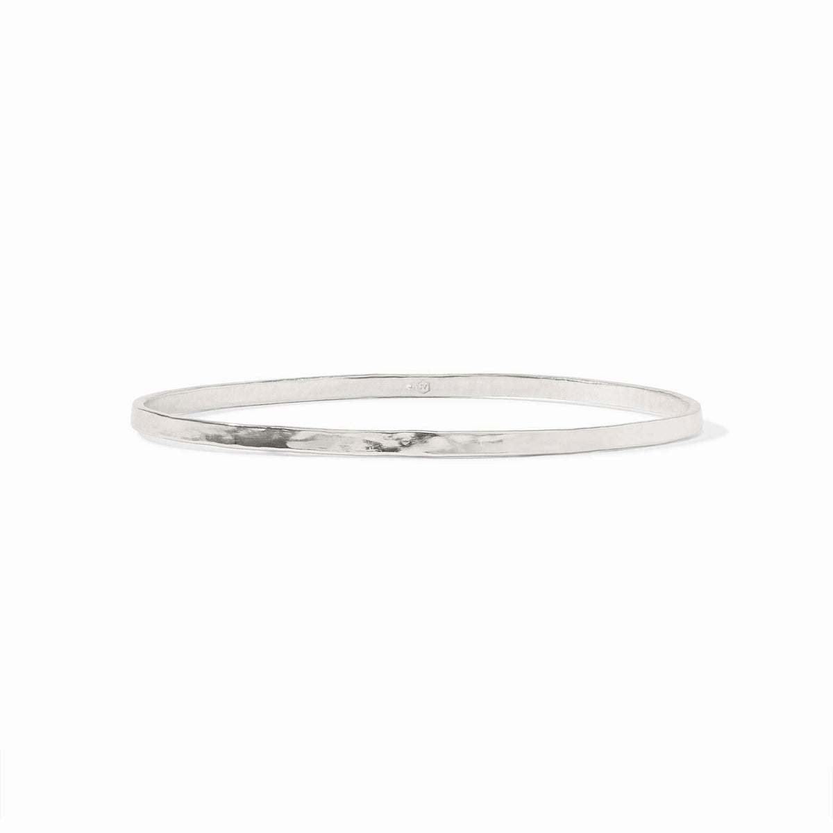 Silver crescent bangle with a slender hammered texture.