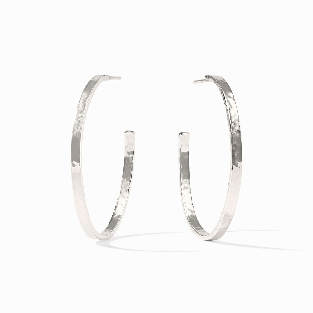 Lightly hammered pure silver plated crescent hoop earring with post back
