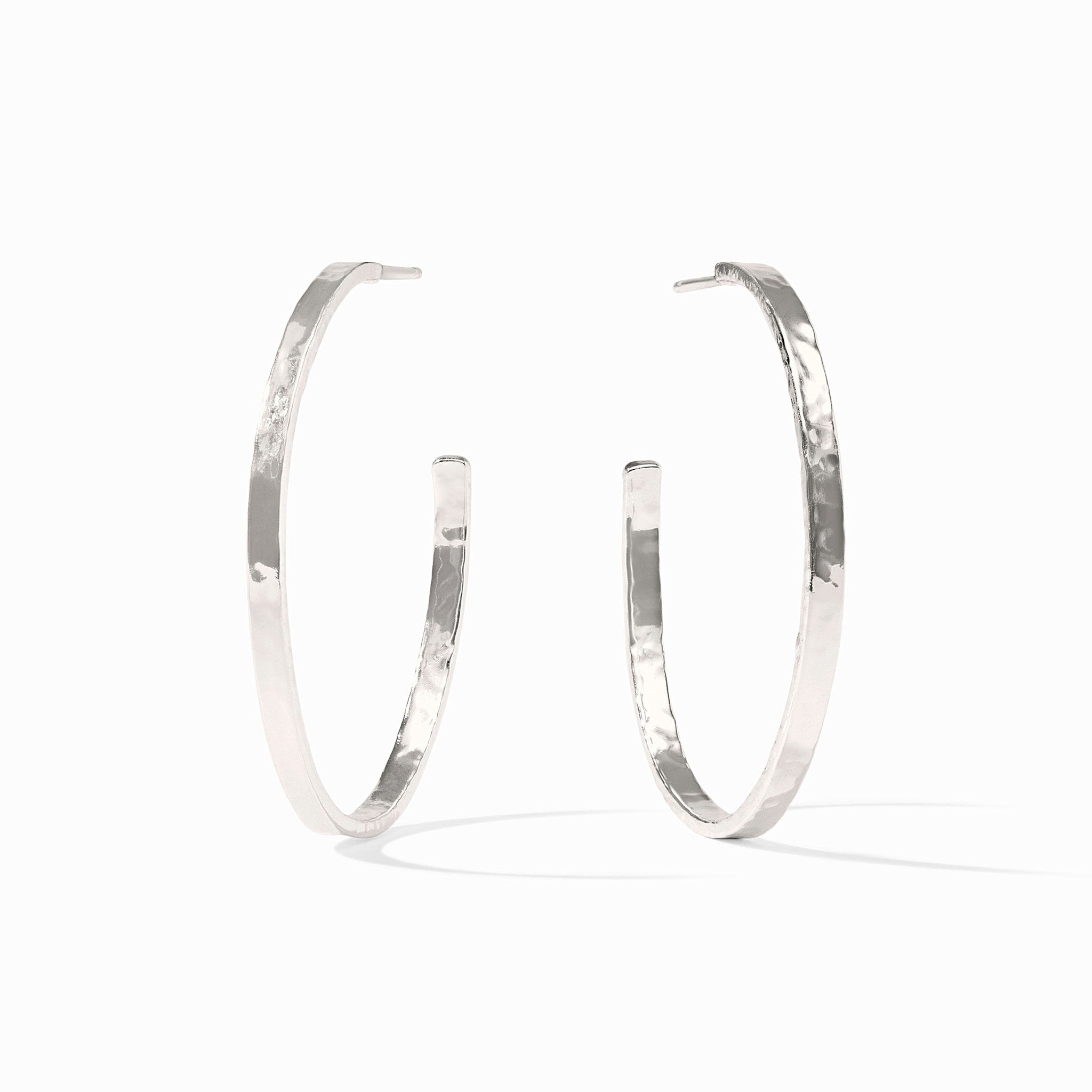 Lightly hammered pure silver plated crescent hoop earring with post back