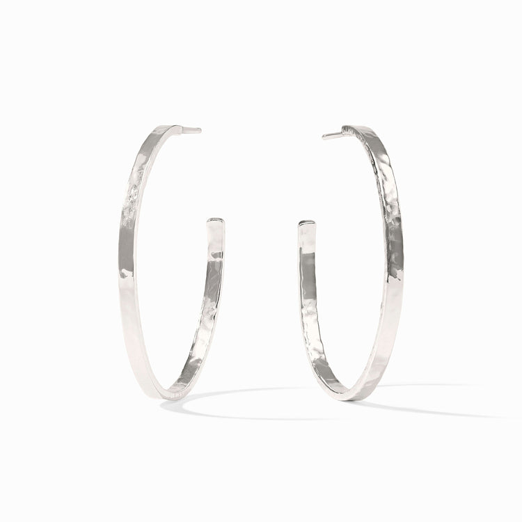 Lightly hammered pure silver plated crescent hoop earring with post back