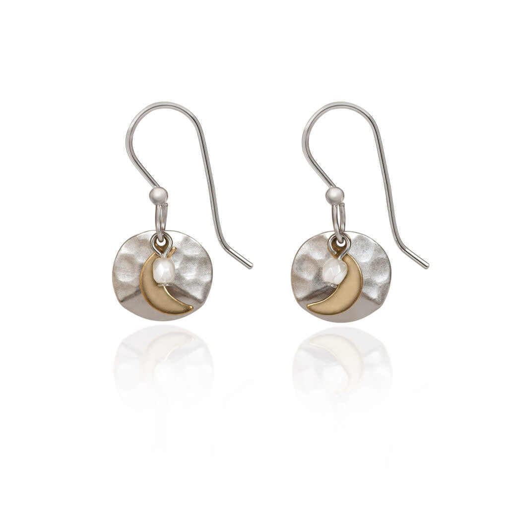 Hammered round brass earrings with a crescent semi-precious stone accent and glass bead detail.