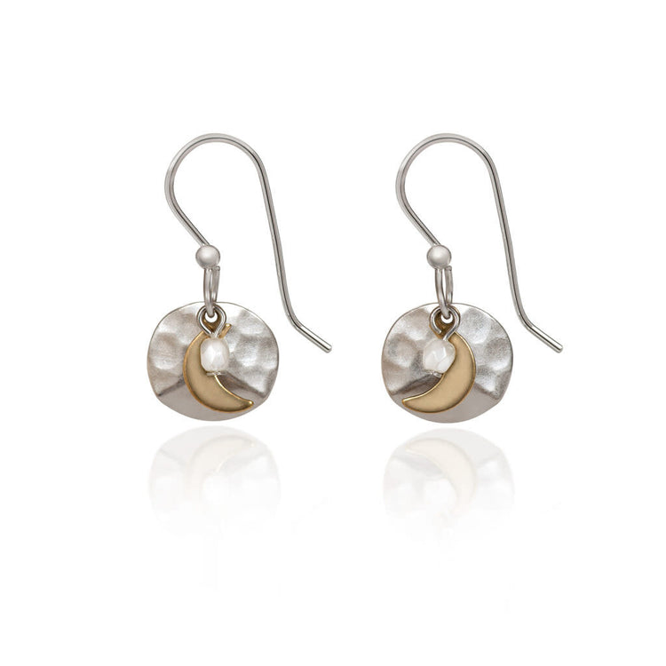 Hammered round brass earrings with a crescent semi-precious stone accent and glass bead detail.