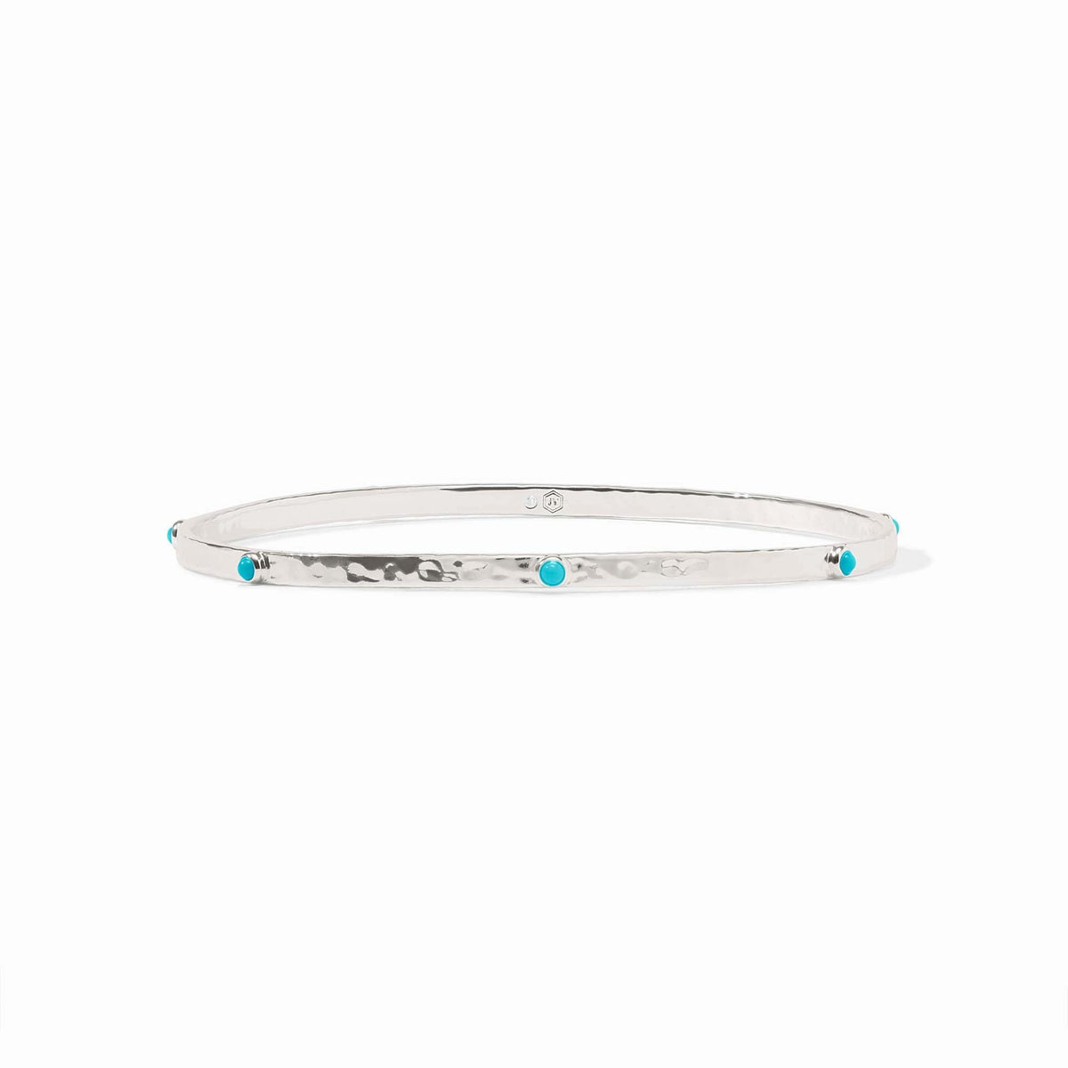 Silver hammered bangle with turquoise gemstone stations in a crescent shape.