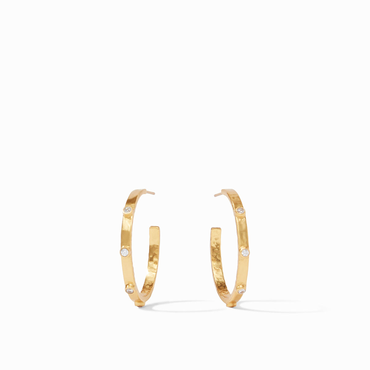 Medium gold hoop earring with hammered texture, cubic zirconia accents, and a crescent silhouette.