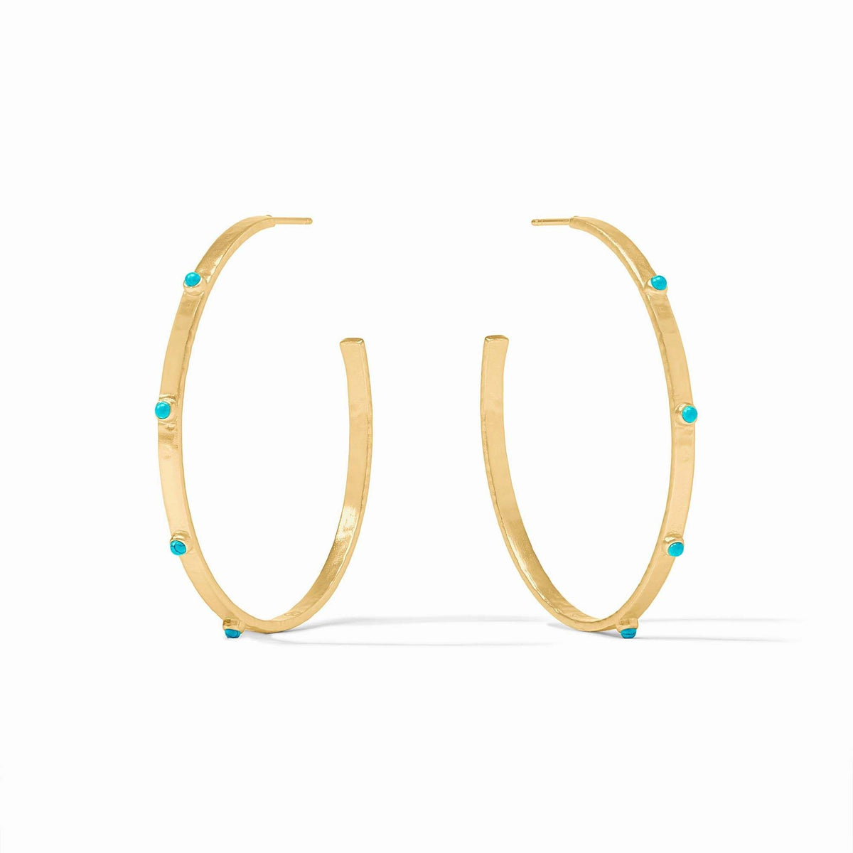 Lightly hammered gold hoop earring with turquoise gemstone accents