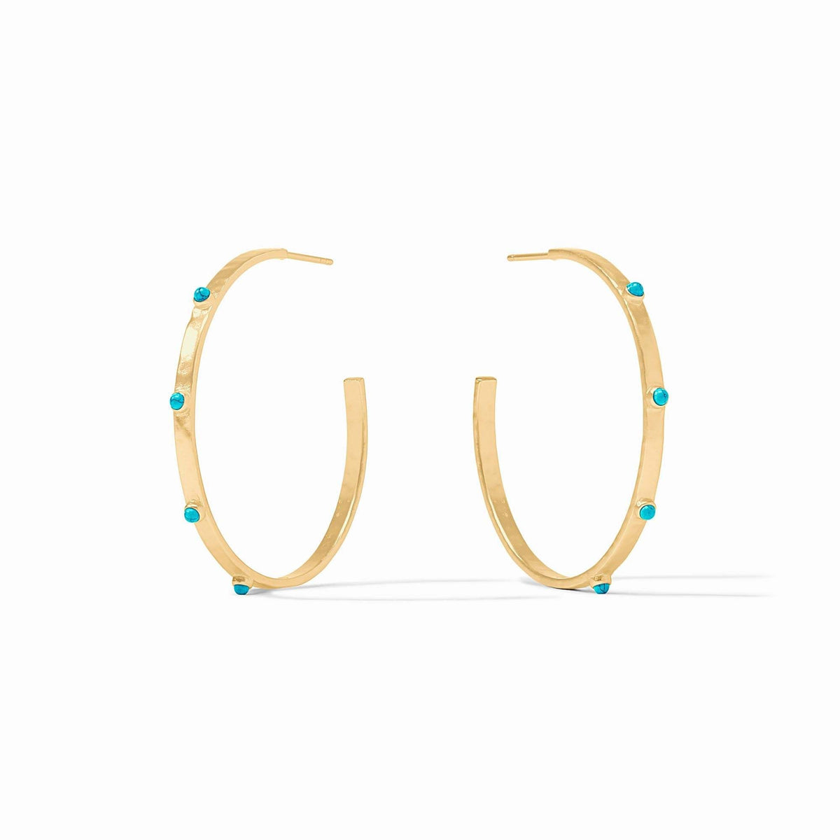 Lightly hammered gold hoop earring with turquoise gemstone accents