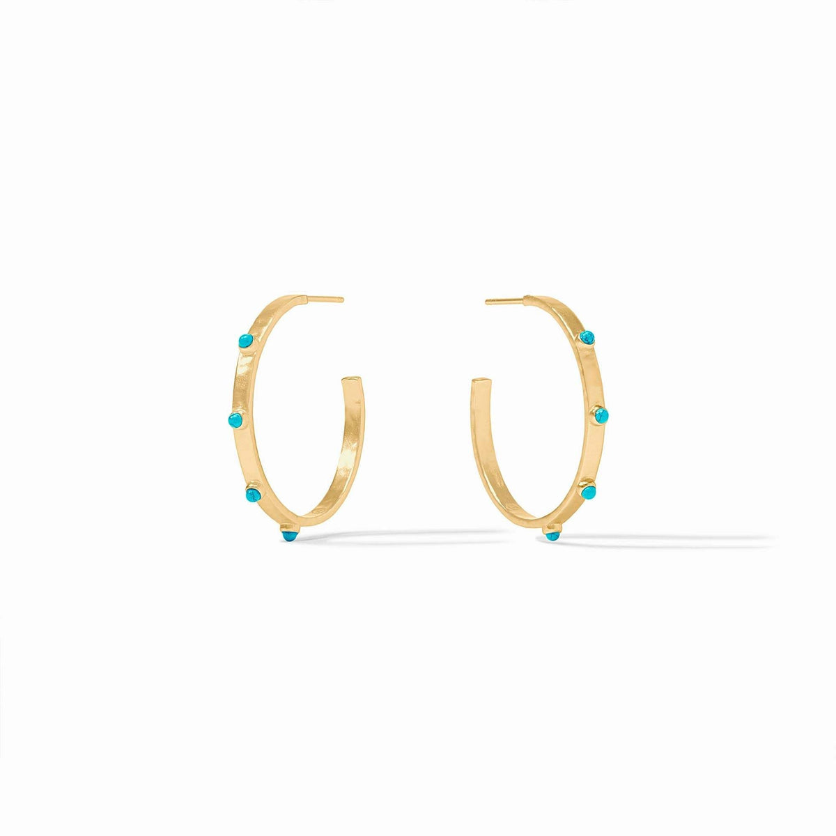 Lightly hammered gold hoop earring with turquoise gemstone accents