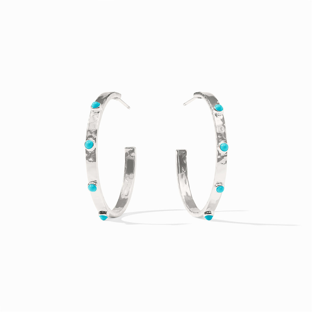 Medium silver hoop earring with hammered texture and reconstituted gemstone accents.