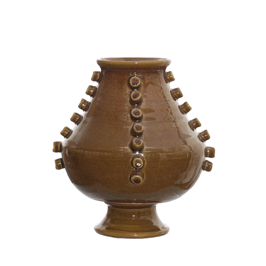 Round terra-cotta footed vase with hobnail texture in brown