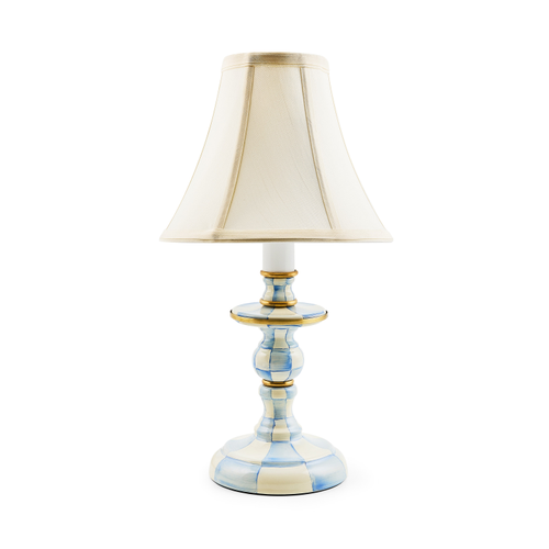 Mackenzie Childs Sky Check candlestick lamp with hand-glazed steel base and softback shade.