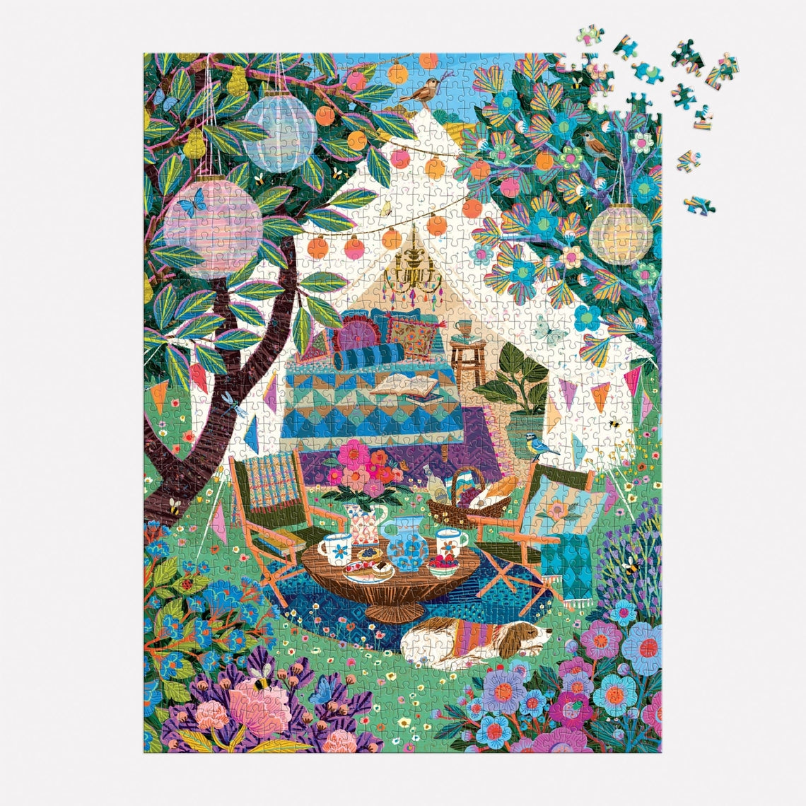Victoria Ball Blooming Escape puzzle box showing a whimsical outdoor scene with a canvas tent, lanterns, and lush blooms.