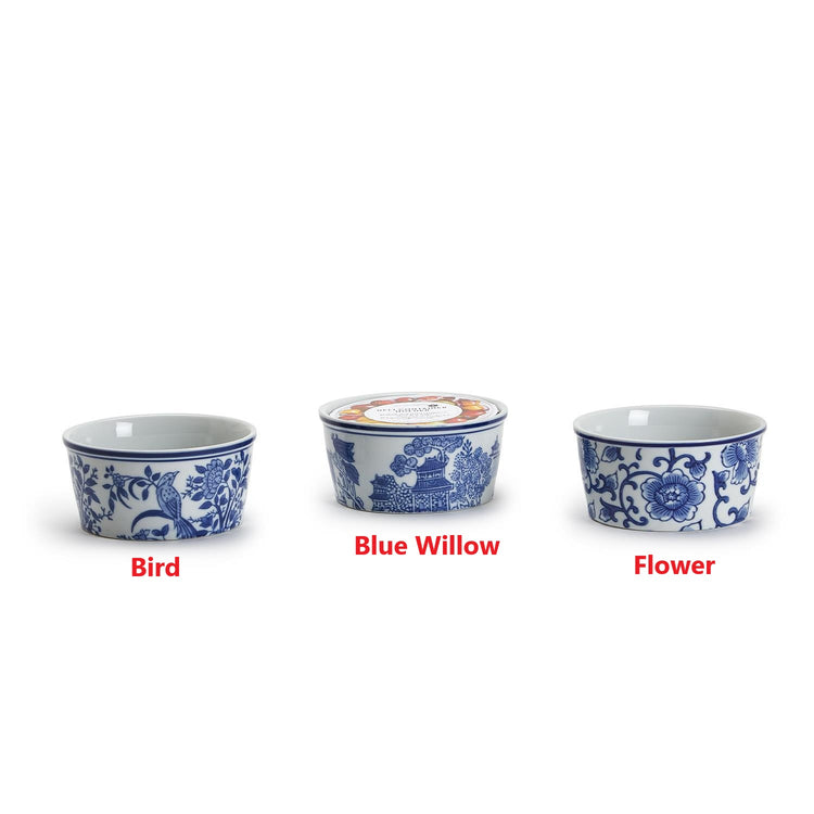 Three 8 oz. Chinoiserie porcelain deli container holders in Bird, Blue Willow, and Flower patterns.