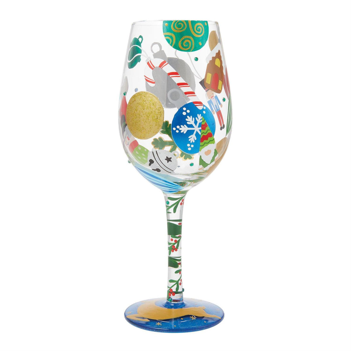 Colorful Lolita wine glass with hand-painted designs, glitter accents, and a cocktail recipe printed on the base.