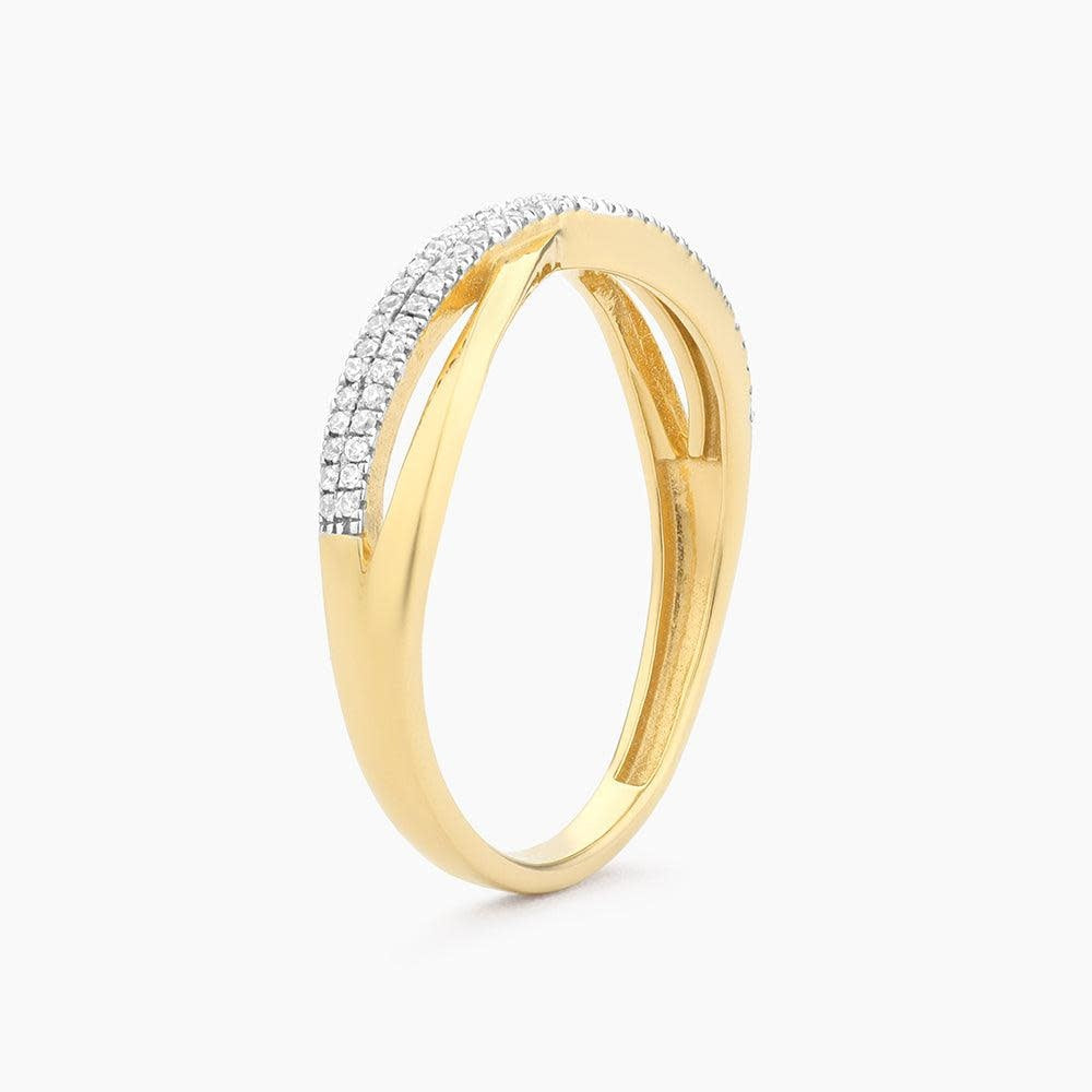 Sterling silver crisscross stackable ring with diamond accents in a geometric pattern.
