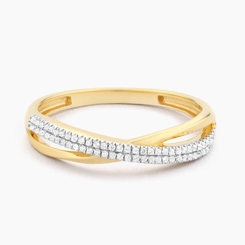 Front view of a crisscross stackable ring with diamonds in gold plated sterling silver.