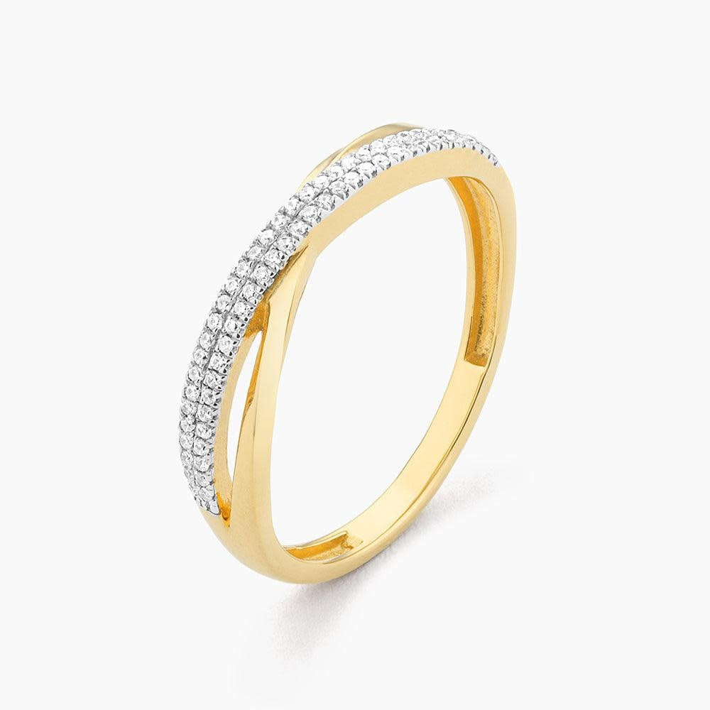 Sterling silver crisscross stackable ring with diamond accents in a geometric pattern.