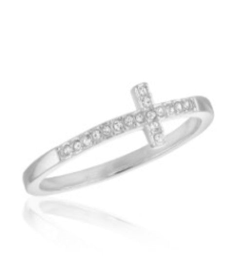 Silver-plated CZ Cross Stack Ring featuring a horizontal cross set with clear cubic zirconia stones.