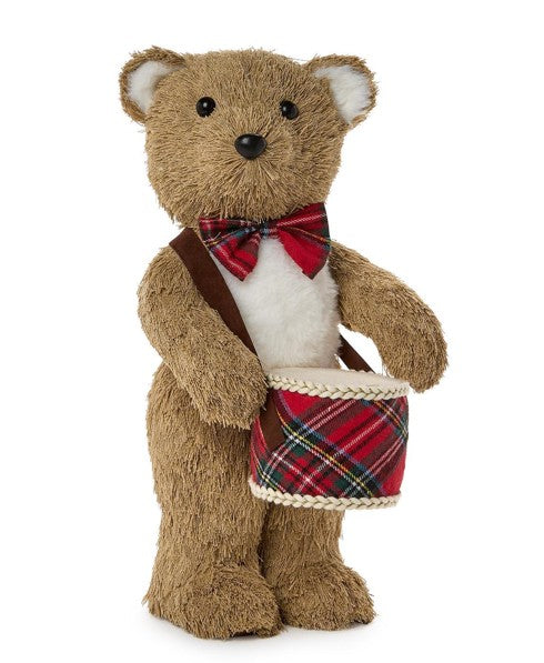 Little Drummer Bear Decor with straw-like texture, plaid bow tie, and matching drum.