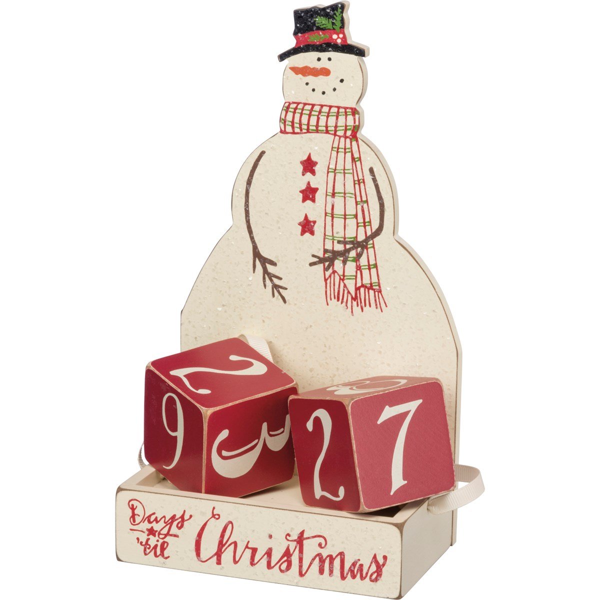 Wooden snowman countdown calendar with two red blocks showing days until Christmas.