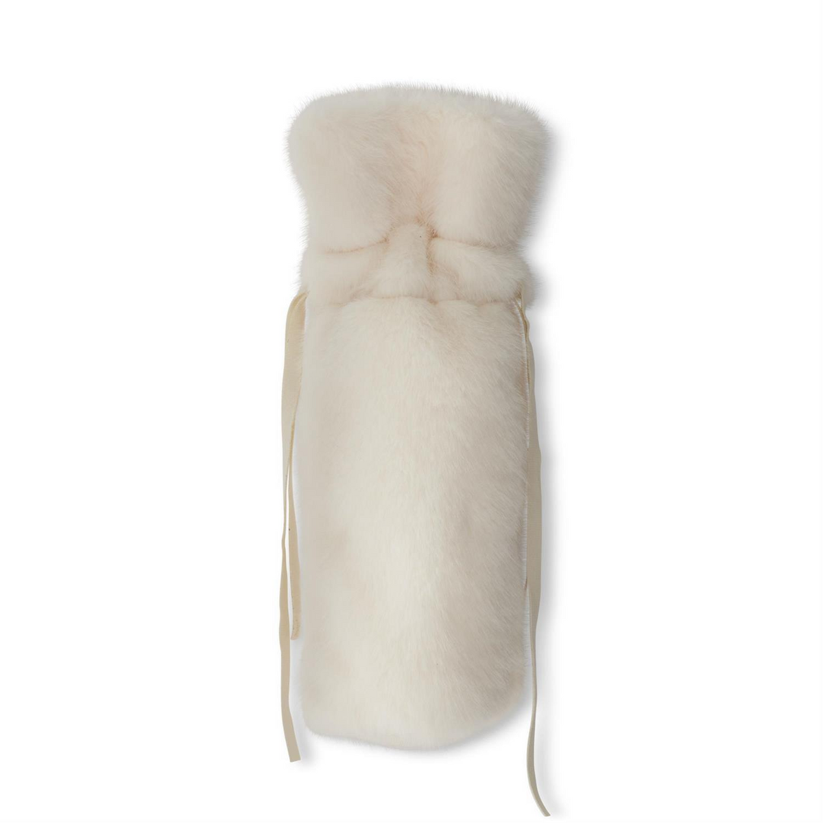 12-inch white vegan faux fur wine bag with ribbon drawstring closure.