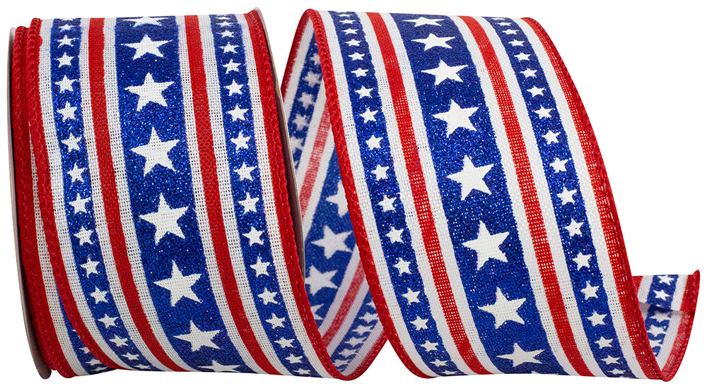 Stars and Glitter Stripes linen wired edge trim in polyester with a glitter stripe pattern.