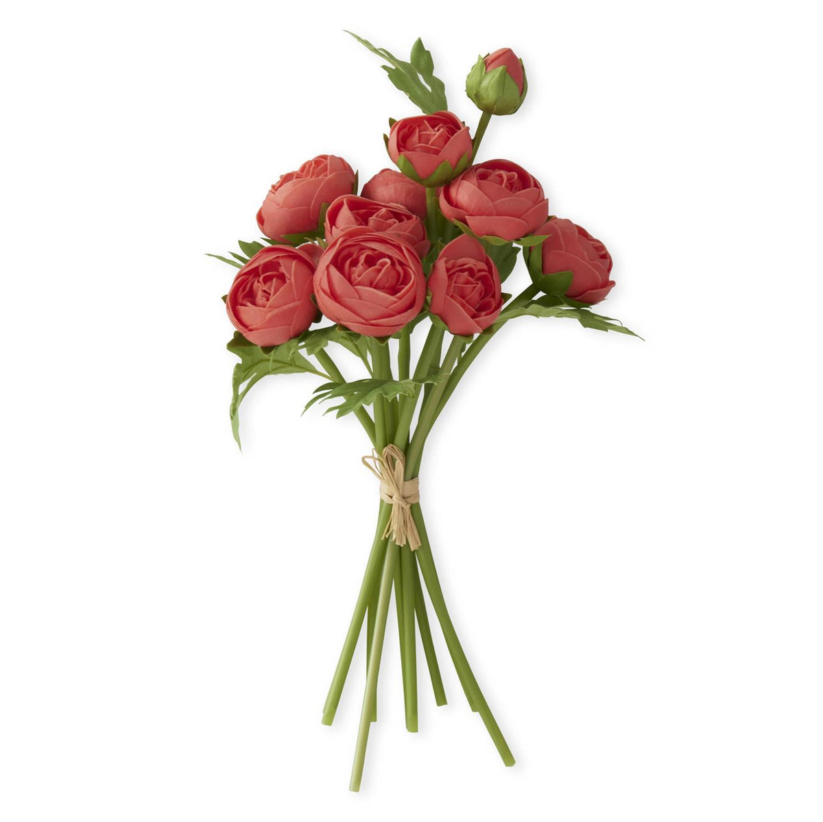 Bundle of fifteen-inch artificial ranunculus flowers in realistic colors with plastic stems.