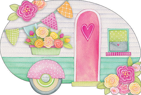 Birthday Camper card with glitter foil embossing die-cut camper silhouette